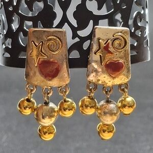 Vintage Liz Claiborne Gold, Silver, and Red Dangle Clip-on Earrings Hallmark LCi